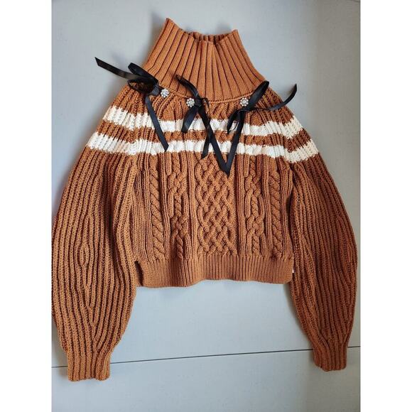 Anthropologie Maeve Turtleneck Balloon-Sleeve Bow Sweater Sz MP Petite Brown - Picture 2 of 15